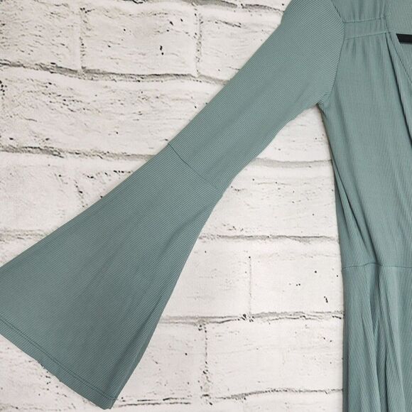 Topshop Women's Sage Green Ribbed Bell Long Sleeve Mini Paris Dress Size US 4 - Picture 12 of 16